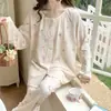 Pijama de manga larga para mujer, nuevo para Otoño e Invierno 2024, cárdigan, arruga de burbuja, dulce, dibujos animados, conjunto de ropa para el hogar