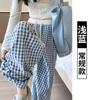 Calça Plaid Wide Leg para Mulheres Plus Size Primavera e Outono 2025, Corte Amplo, Estilo Fino, Cintura Alta, Perna Reta, Casual
