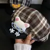 Óculos Fofos Estilo Coreano Urso Boina Xadrez para Mulheres, Chapéu Octogonal Pequeno Afina-Rosto de Outono, Chapéu de Pintor Fashion para Circunferência Craniana Grande