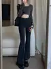 Calça Jeans Flare Stretch Preta para Mulheres Plus Size, Calça Flare Slimming de Cintura Alta para Figuras Petite, Temporada de Primavera e Outono
