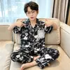 Pijama Infantil para Meninas e Meninos de Primavera e Outono, Manga Curta e Calça Longa, Roupa de Casa com Desenhos Animados para Crianças Maiores