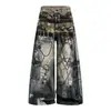 Jeans de estilo callejero retro americano con cadena y remaches estampados en 3D, moda masculina de principios de otoño, pantalones anchos elegantes y holgados