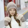 Gorro de Invierno para Mujer con Forro de Lana de Conejo, Gorro de Punto Cálido de Lana, Gorro de Moda Engrosado con Pompones y Protección para las Orejas, Boina