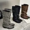 Botas de Cuadrado Francés con Pliegues y Tacón de Bloque para Mujer 2026 Otoño/Invierno Nuevas Botas Largas Tacón Grueso Botas Altas Adelgazantes Botas de Jinete