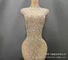 Malla Deslumbrante Diamante Caliente Transparente Ajustado Sexy Falda Larga Vestido de Noche Traje de Actuación Escénica