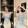 Chaleco Retro Coreano Estilo Hong Kong Otoño e Invierno con Almohadilla en el Pecho, Cuello Halter, Corte Ajustado, Chaleco de Espalda Cruzada Estilo Celebridad Sexy para Mujer