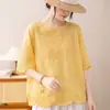 Camisa Fresca Estilo Chinês Retrô com Manga de Cinco Pontas Feminina de Verão Fina Gola Redonda Solta Camiseta Emagrecedora Versátil Top de Manga Curta