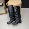 Botas femininas pretas de cano longo, novo estilo primavera 2026, botas plissadas empilhadas, botas de cano alto, botas western cowboy longas com salto grosso
