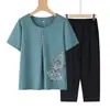 Conjunto de roupa de verão para vovó, blusa de manga curta para idosos, roupas para mulheres de meia-idade e mais velhas, camiseta para mãe, conjunto de duas peças com camisa e calça