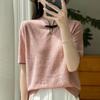 24 nuevas camisetas de manga corta de punto estilo chino para mujer, estilo retro con botones y encaje de lana peinada
