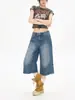 Pantalones Vaqueros Lavados de Longitud Media para Mujer Petite 150, Pantalones Rectos Cortos de Otoño Estilo Retro Americano, Shorts de Pierna Ancha de Cintura Alta