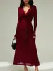 Novo Estilo de Comércio Exterior Elegante e Sexy Moda Slim-Fit Decote em V Profundo Franzido Cor Sólida Elegante Vestido de Noite Vestido de Manga Longa para Mulheres
