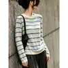 Suéter de punto azul a rayas único y hermoso para mujer, nuevo estilo otoño e invierno, juvenil y moderno, cuello redondo elegante, top elegante y de nicho