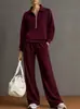 Nueva Ropa Femenina Transfronteriza Europea y Americana Otoño/Invierno 2026: Conjunto de Dos Piezas para Mujer: Sudadera con Cuello Camisero y Media Cremallera y Pantalones Casuales Anchos