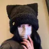 Versátil y moderno gorro de punto cálido estilo coreano para mujer, con orejas de peluche para proteger los oídos, lindo y favorecedor para la cara, gorro de punto con orejas de gato para otoño e invierno