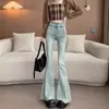 Color Claro Borde de Piel Retro Elástico Retro Jeans de Cola de Pescado Mujer Cintura Alta Bocina Grande Pantalones de Niña Vieja