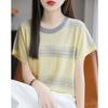 2025 Nuevo Estilo de Verano Lino de Bambú Cuello Redondo Tejido de Punto Manga Corta para Mujer Recorte Combinación de Color Suéter Holgado Camiseta Básica