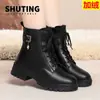 Botas de Cuero de Invierno para Mujer Madres Zapatos de Algodón Antideslizantes Tacón Medio Botines Forrados de Felpa Botas de Algodón para Mediana Edad y Ancianos Botas Martin Invierno