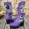 Botas de mujer de talla grande transfronterizas europeas y americanas, blancas con bordado floral colorido, botas de media pantorrilla, con cordones y tacones gruesos, estilo western