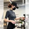 Camiseta Petite Estilo Coreano Gris Oscuro de Cuello Alto Manga Corta para Mujer Otoño Top Interior Delgado Corto de Gama Alta