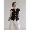 LiL Preto Francês 1/4 Polegada Chave de Soquete Manga Top Cintura Ajustável Design de Verão Feminino Estilo Coreano Manga Curta T