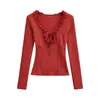 Camiseta de Manga Longa com Forro de Fleece Estilo Outono/Inverno para Mulheres, Top Cropped Sexy Slim-Fit com Renda de Cílios e Amarração no Peito
