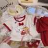 Traje de estilo coreano y extranjero para bebé niña, estilo veraniego nuevo, con lazo, dibujos animados, manga corta, falda de pastel, conjunto de dos piezas