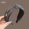 Diadema ancha de tweed gris de alta calidad con nudo de purpurina fina para mujer, nuevo accesorio para el cabello de otoño invierno, prensa de lujo ligero para el cabello, diadema antideslizante