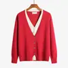 Nuevo Estilo Retro de Principios de Primavera Juvenil Conjunto de Dos Piezas Cardigan de Punto Bloque de Color, Talla Grande Diseño de Cuello en V Chaqueta Holgada