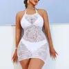 Novo vestido de malha com design jacquard transfronteiriço e gola halter, sexy, transparente, vazado, alta elasticidade, justo ao corpo