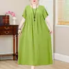 Novo Vestido de Algodão e Seda 2026 para o Verão, Moda Feminina Soltinho Plus Size Estampado de Comprimento Médio