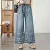 Colección Primavera 2026 Jeans de Mujer Estilo Étnico Cintura Elástica Bordados Holgados Moda Adelgazantes Pantalones Acortados de Pierna Ancha