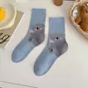 Meias femininas de algodão na altura da panturrilha com estampas de animais de desenho animado, sem costura, designs de urso e cachorrinho, adequadas para primavera e outono, estilo universitário, versátil japonês, absorventes de suor e respiráveis