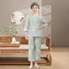 Conjunto de dos piezas de algodón de verano para mujer mayor con mangas a la mitad, atuendo de verano para mamá, pijama de algodón para el hogar para señoras mayores