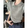 Verão 2026 Gola Polo Curta Estilo Old Money Tricô Canelado Manga Curta Feminino Versão Coreana Redutor de Idade Top Curto Camiseta
