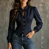 Colección nueva 2026 de Amazon transfronterizo: camisa de rayas con cuello de lazo, cintura entallada y mangas abullonadas, diseñada para crear un efecto adelgazante en las mujeres
