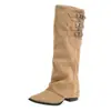 2026 Novas Botas Outono Inverno Versátil Bico Fino Salto Escondido Plataforma Afunilada Bootcut Feminina Fivela de Cinto Não Acima do Joelho Botas de Equitação