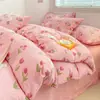 Juego de cuatro piezas de algodón puro Clase A para dormir sin nada, estilo ins de algodón fresco lavado con estampado de dibujos animados para dormitorio, juego de tres piezas con sábana bajera