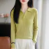 Suéter de punto con cuello polo estilo francés para mujer, de manga larga, rosa, corte ajustado, camisa base versátil, top de estilo sencillo