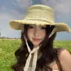 2026 Nuevo Estilo Sombrero de Paja de Copa Plana Protección Solar de Verano Sombrero de Sol para la Costa Sombrero de Sol con Cordones para Vacaciones en la Playa