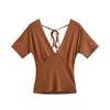 Camiseta Sexy de Gola V Profundo com Manga Curta para Garota Popular Novo Estilo Primavera e Verão 2026 Elegante Slim Fit Costas Abertas com Cadarço Cor Sólida Top Básico