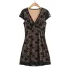 Vestido Sexy de Malla con Encaje Empalmado de Cuello en V Estilo Francés para Mujer, Dulce Vestido Corto Ajustado Bodycon de Celebridad de Internet