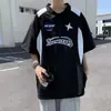 Camisa polo masculina estilo retrô de motocicleta americana, manga curta, streetwear moderno, design único e estiloso, seda gelada estampada de manga curta