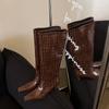Botas Marrones Nuevas Botas Largas para Mujer Tacón Fino Estampado de Piedra Vaca Repujada Elegantes Punta Cuadrada Botas de Jinete de Caña Alta Look Delgado