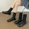 Novas Meias Botas Curtas Botas Elásticas Únicas 2026 Meias de Tricô Bico Quadrado Primavera Verão Sapatos Femininos Botas Cano Curto Emagrecedoras