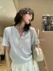 Camiseta de punto de manga corta con cuello polo hueco color avena para mujer, estilo verano old money, tacto de alta gama, hombro normal