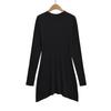 Vestido de Outono Antecipado Cor Sólida Gola Redonda Manga Longa para Mulheres, Estilo Europeu e Americano, com Design Único, Barra Irregular, Caimento Justo e Saia Curta
