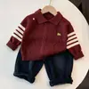 Camisa POLO Infantil Meninos Suéter Retrô de Tricô Trançado Outono Inverno Novo Estilo College Meninas Bebês Top de Tricô Listrado