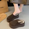 Couro Genuíno Lã Solado Grosso Aumento de Altura Pessoa Baixa Sapatos Birkenstock Sapatos Femininos Plus Veludo Quente Slip-on Sapatos de Algodão Chinelos Fechados