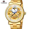 Reloj mecánico automático Forsining para hombre, informal, con correa de acero y fase lunar hueca tallada.